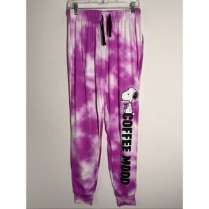Peanuts Tie Dye Coffee Mood Pajama Jogger Pants Size M Purple White